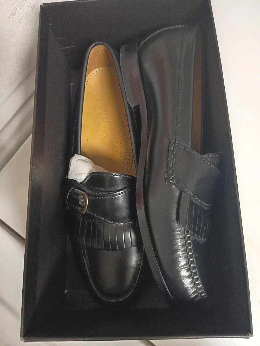 Cole Haan Black Leather Kiltie Buckle Loafers